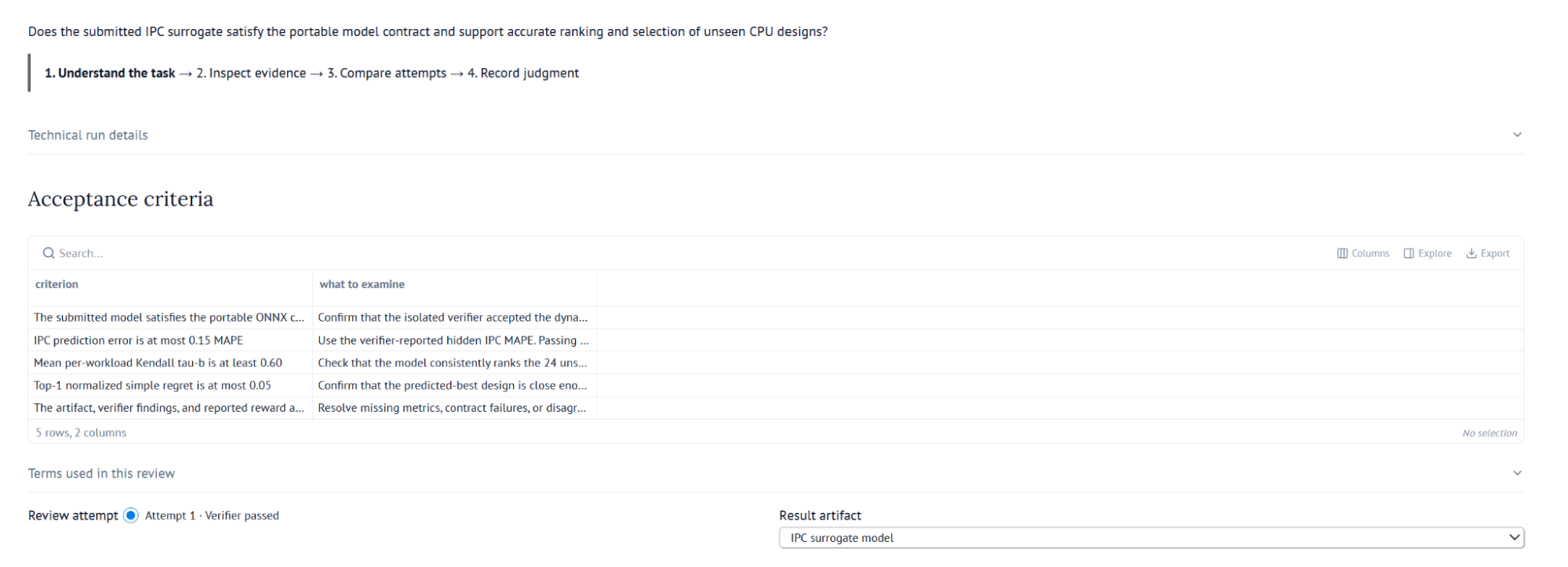 Result Review showing the task, acceptance criteria, and run selection