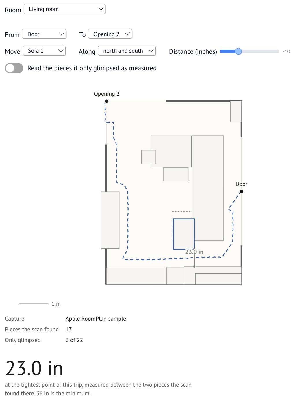 A marimo app with controls for moving a sofa in a scanned living room and the resulting 23-inch clearance along a path