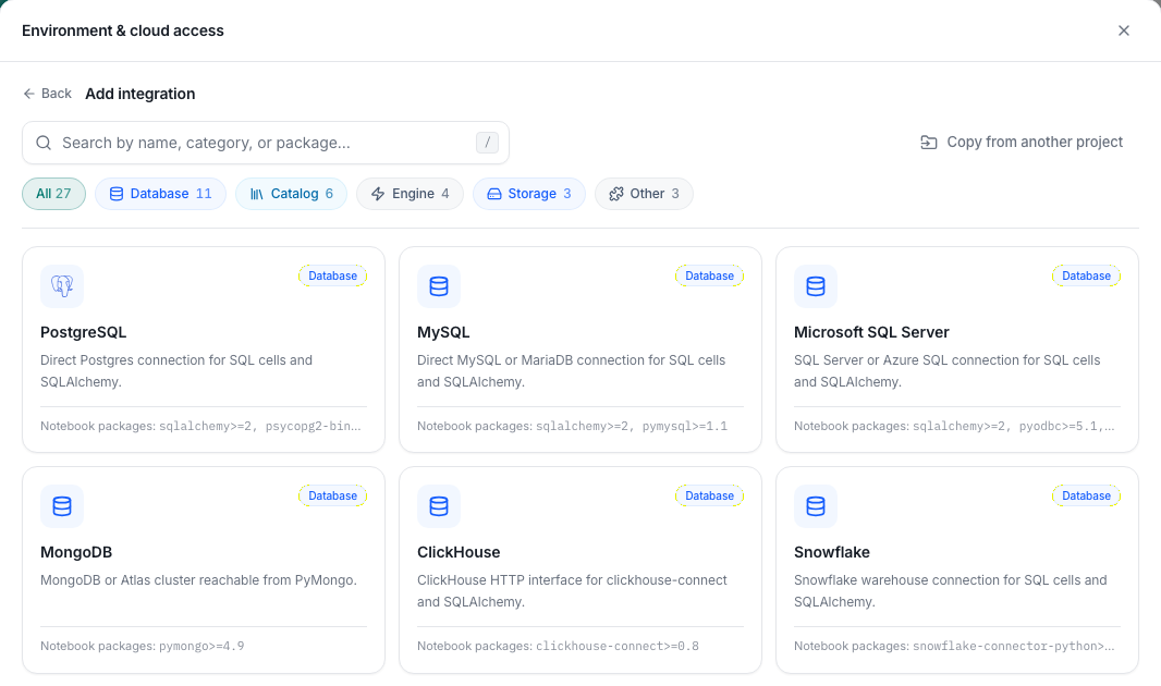 The marimohub integration catalog with database, catalog, engine, and storage choices
