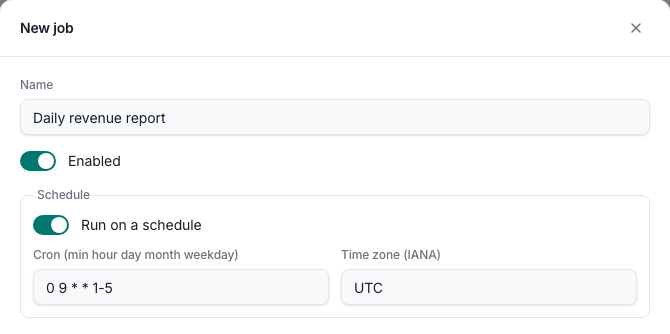 The marimohub job form scheduling a notebook every weekday at 09:00 UTC