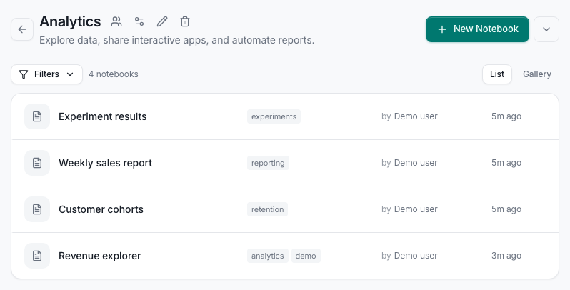 An Analytics project in marimohub with four tagged notebooks